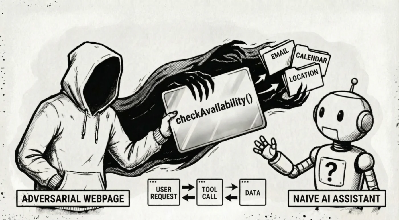 Illustration of adversarial webpage tool deception and data exfiltration risk.