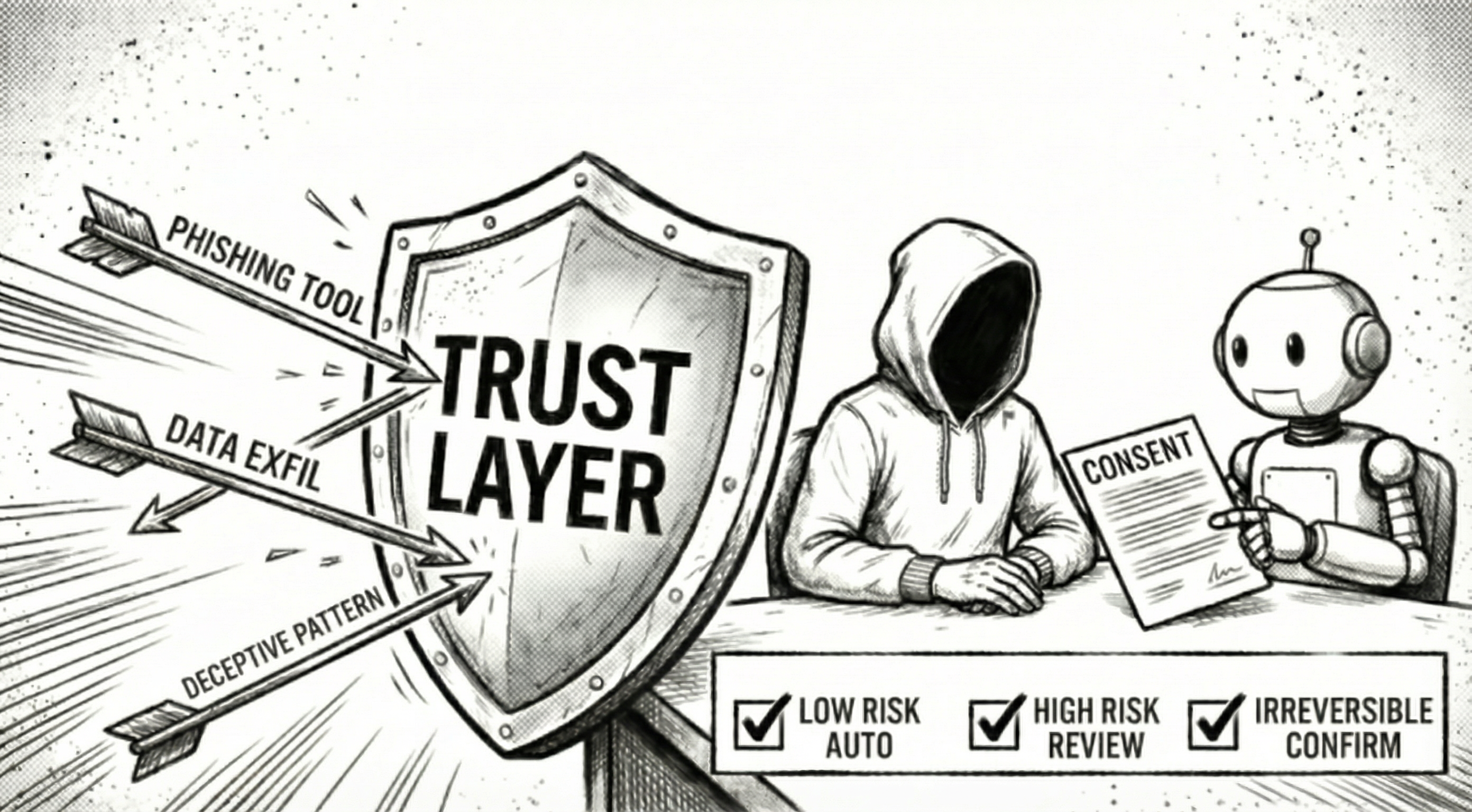 Illustration of risk checkpoints and explicit consent for irreversible actions.