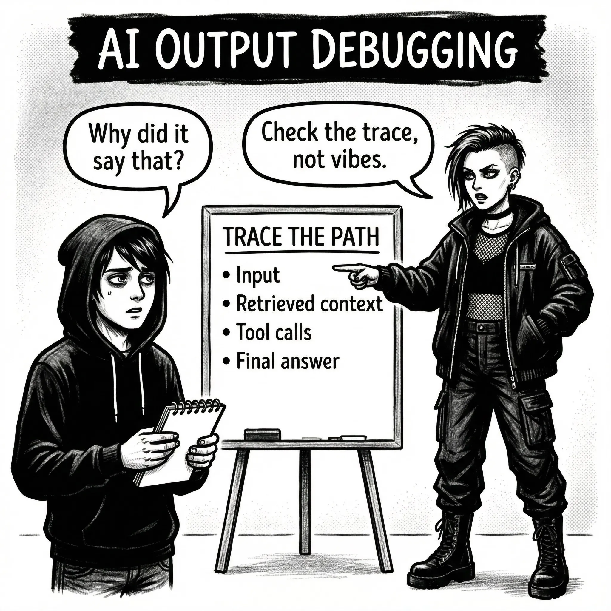 AI output debugging illustration focused on tracing input, retrieval, and tool calls.