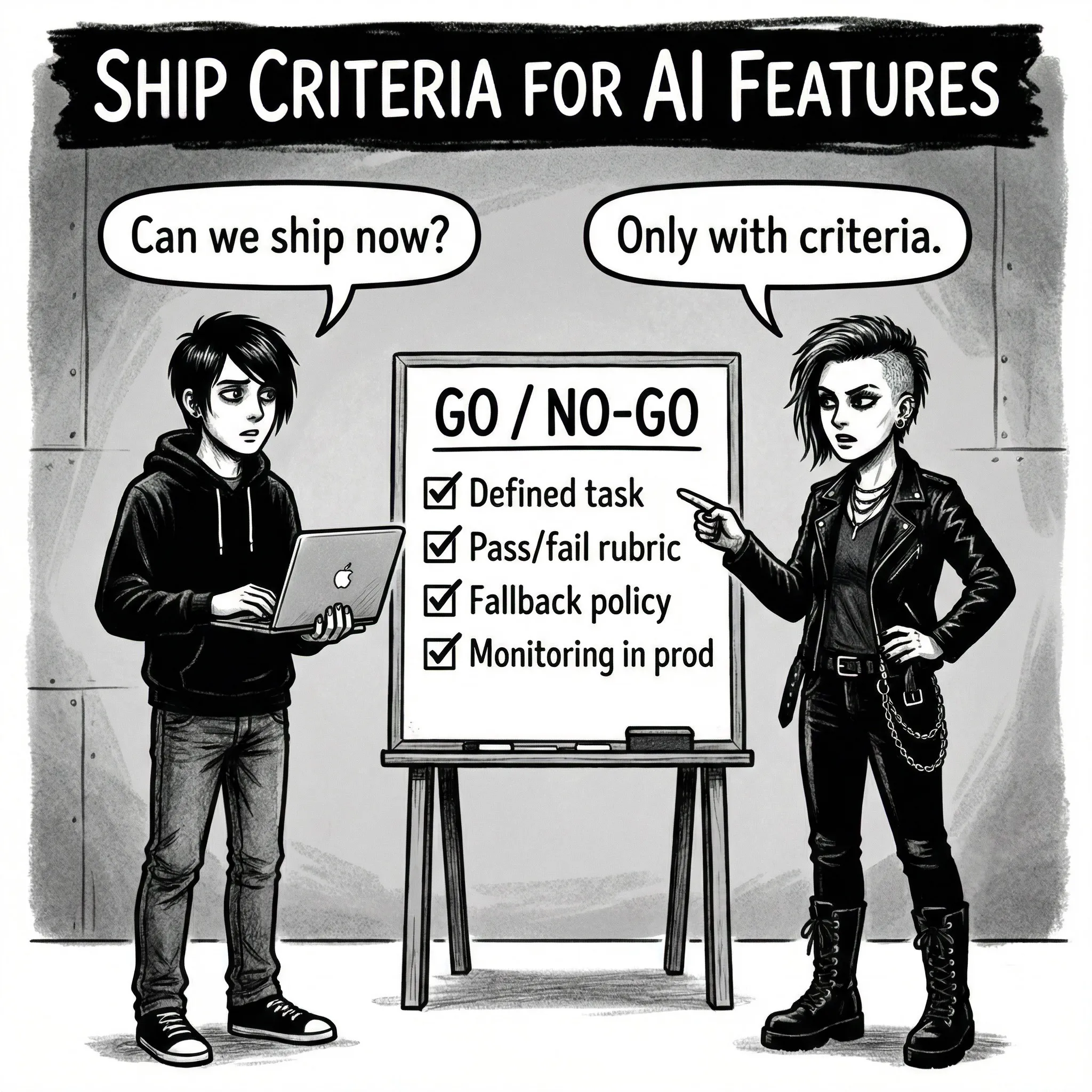 Ship criteria checklist illustration for AI features with go or no-go framing.