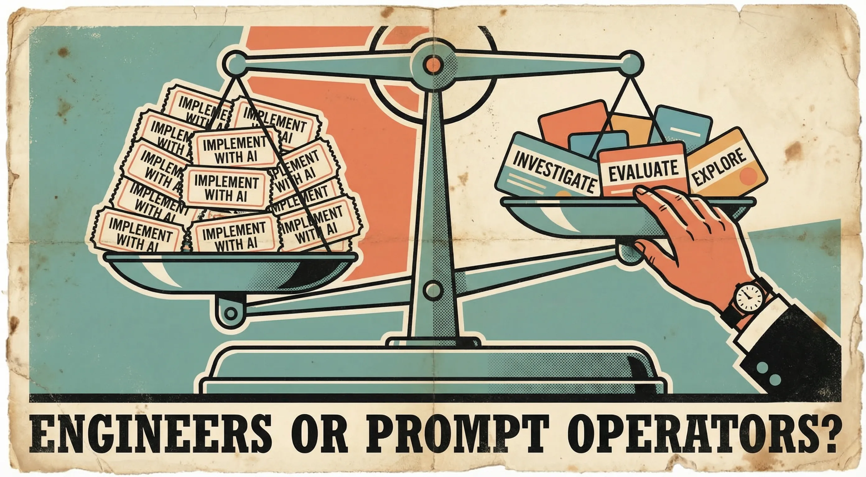 Propaganda poster of a balance scale overloaded with implement-with-AI tickets on one side and investigate, evaluate, explore cards on the other. Caption: engineers or prompt operators?