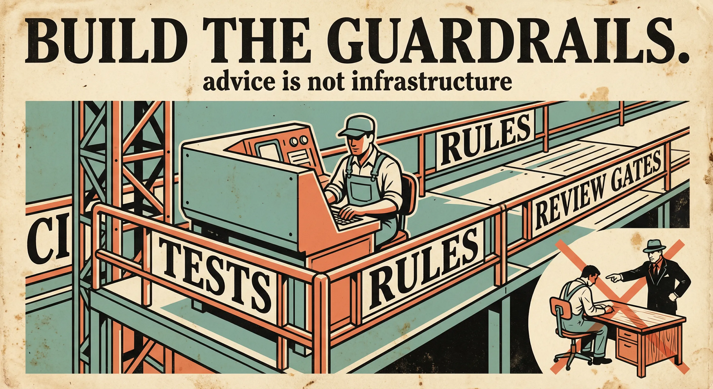 Propaganda poster showing a worker protected by scaffolding labeled CI, Tests, Rules, and Review Gates, contrasted with a crossed-out scene of a boss just pointing a finger.