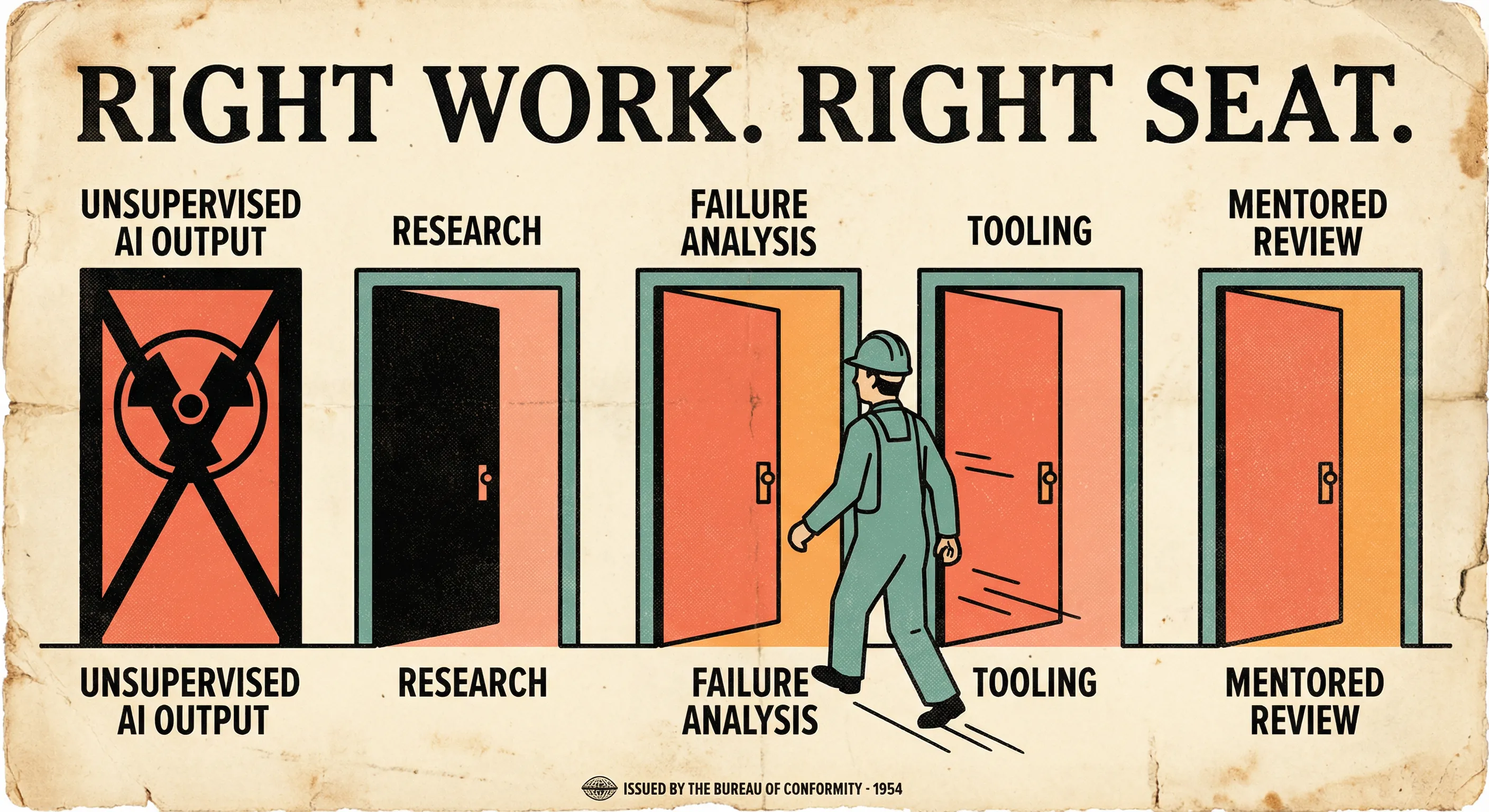 Retro poster showing five doors: unsupervised AI output crossed out with a warning symbol, and four open doors for research, failure analysis, tooling, and mentored review.