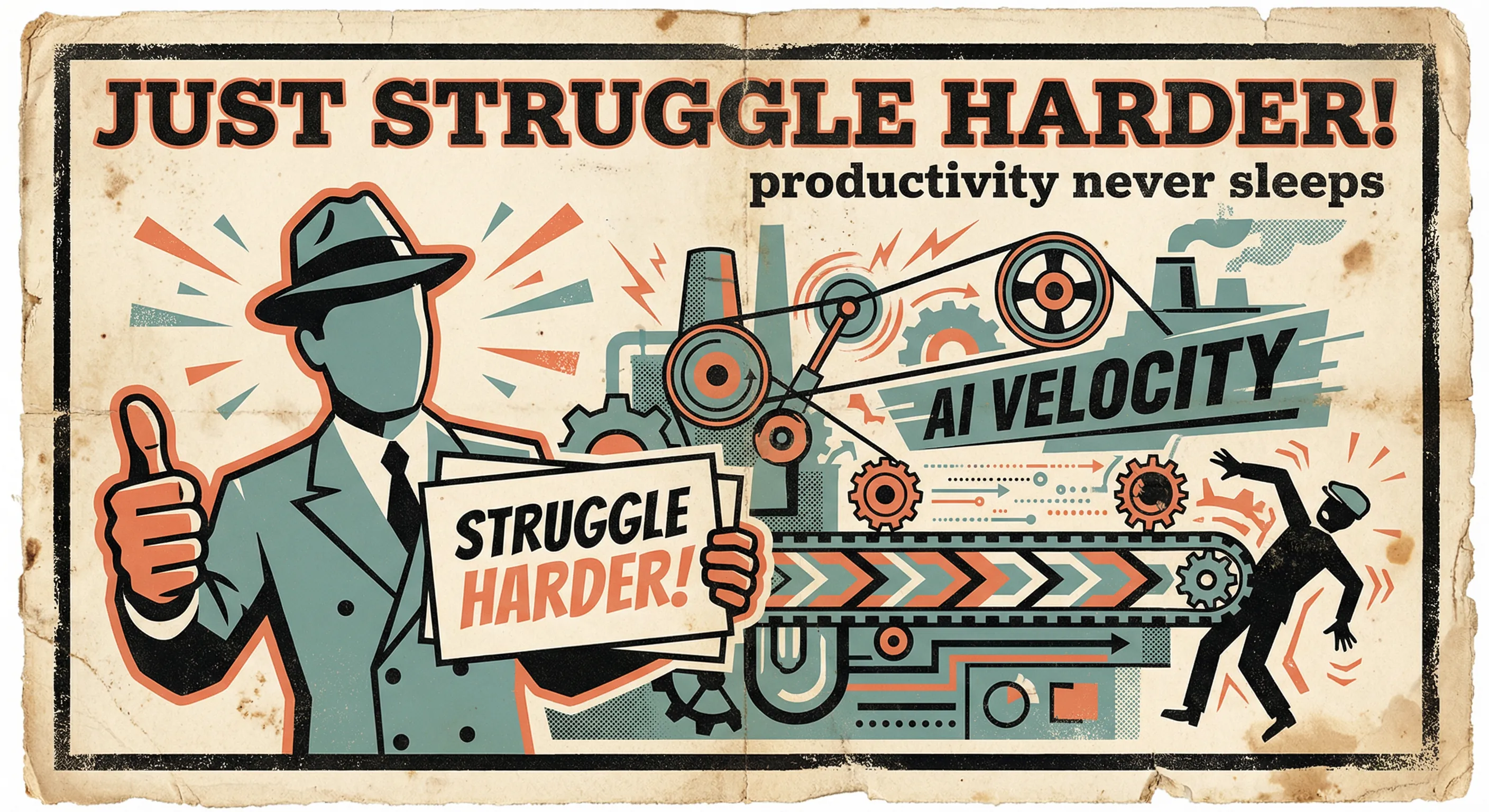 Propaganda poster of a suited figure giving a thumbs up holding a Struggle Harder sign while a worker is overwhelmed by AI velocity machinery behind them.