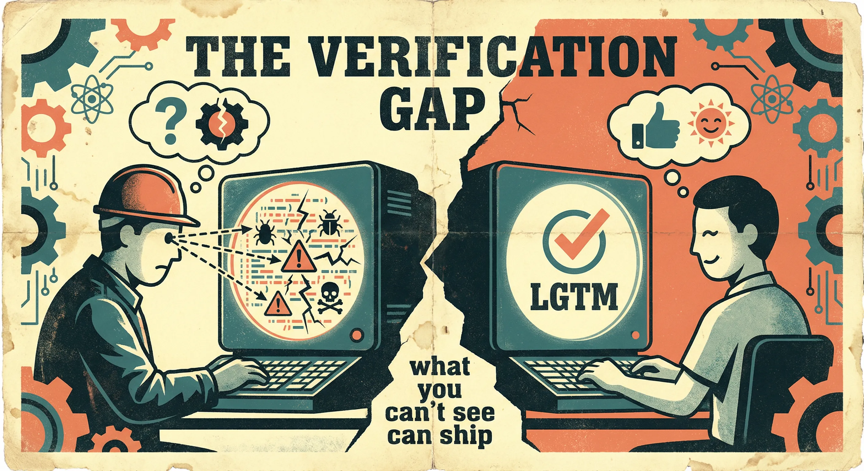 Split propaganda poster: experienced worker sees bugs and warnings in code while junior sees only LGTM. Caption: what you can't see can ship.