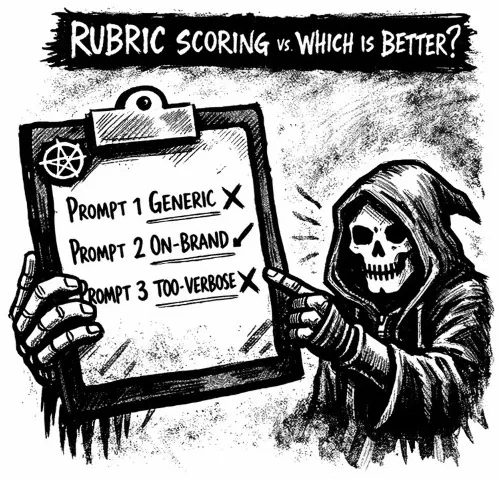 Rubric scoring example comparing prompt outputs.