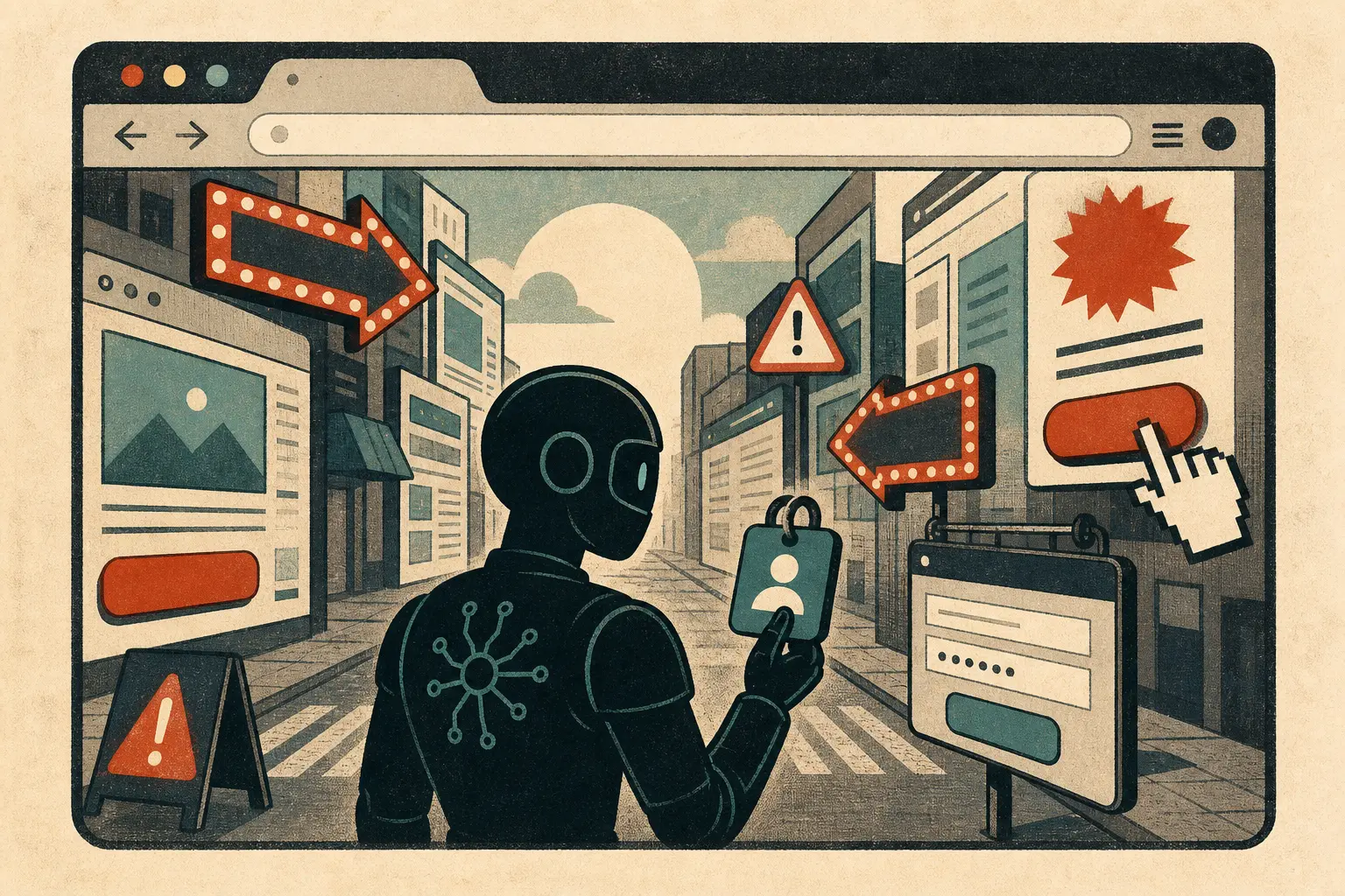 Retro illustration of an AI agent in a browser city carrying user authority while misleading web signs and login prompts surround it.